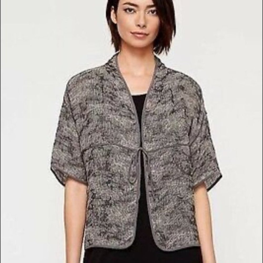 Eileen Fisher Black/Gray Marled Linen Gauze Shrug with Silk Trim EUC Size L